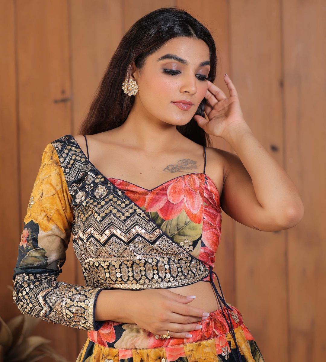 Mirari Women's 100% Polyester Multicolour Printed Crop Top & Lehenga With  Shrug : Amazon.in: Fashion