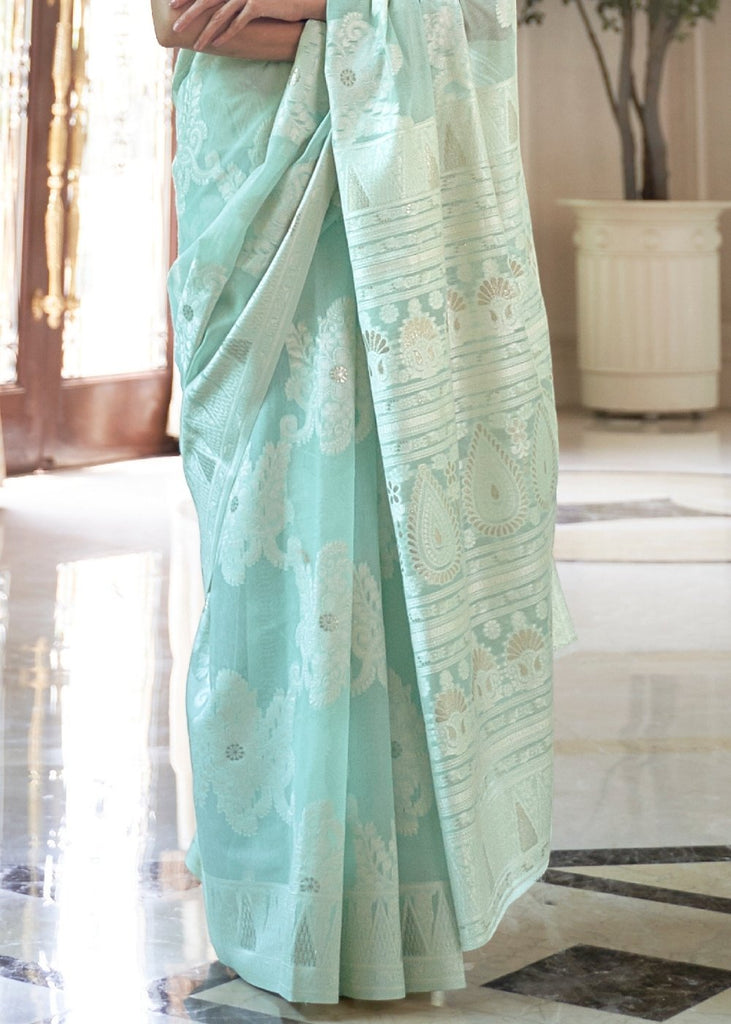 Tiffany Blue Lucknowi Chikankari Weaving Silk Saree Clothsvilla