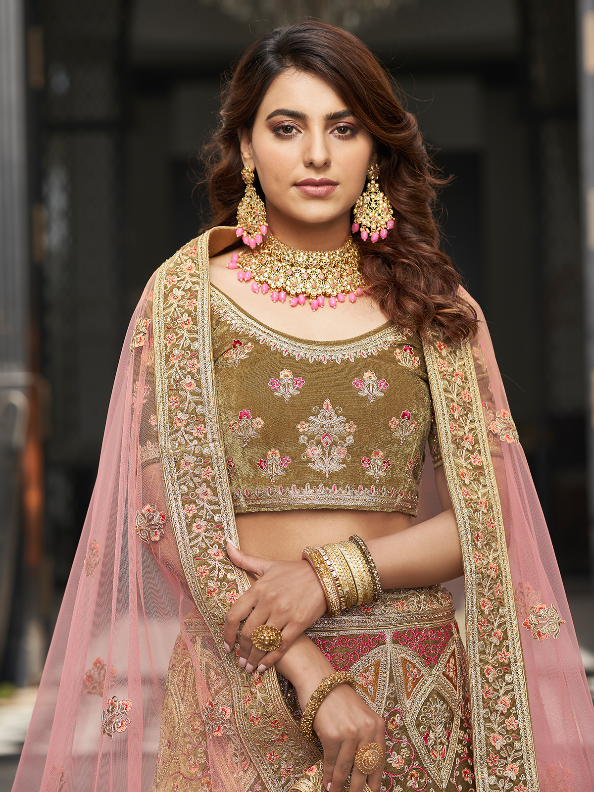 Olive Green Velvet Semi Stitched Lehenga With Unstitched Blouse Clothsvilla