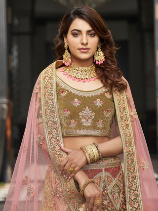 Olive Green Velvet Semi Stitched Lehenga With Unstitched Blouse Clothsvilla