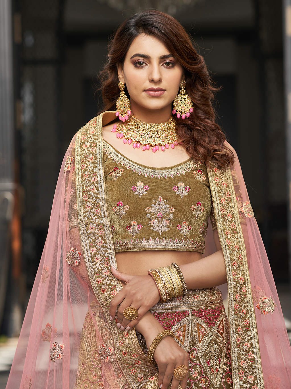 Olive Green Velvet Semi Stitched Lehenga With Unstitched Blouse Clothsvilla