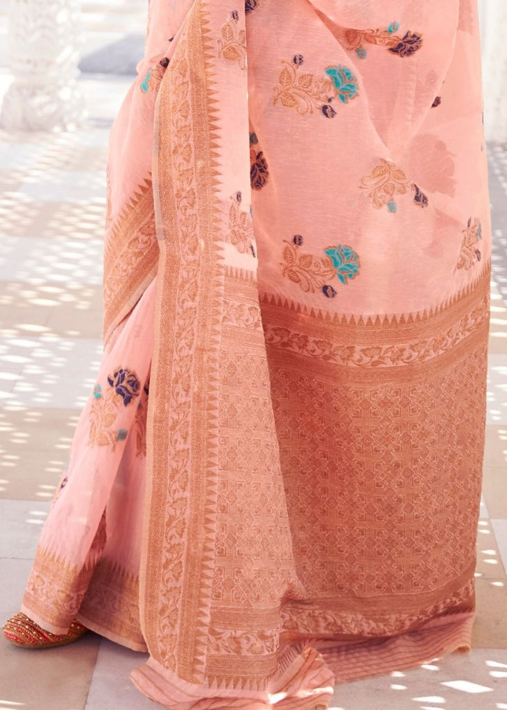 Salmon Pink Linen Woven Silk Saree with Zari work on Border and Pallu Clothsvilla