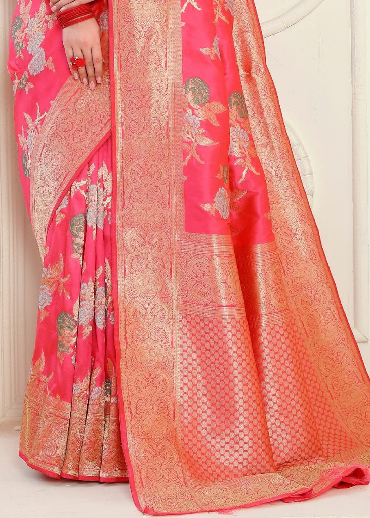 Strawberry Pink Zari Woven Banarasi Silk Saree Clothsvilla