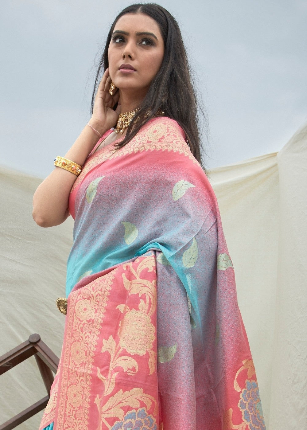 Pink and Blue Handloom Weaving Silk Saree Clothsvilla