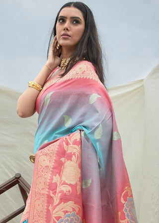 Pink and Blue Handloom Weaving Silk Saree Clothsvilla
