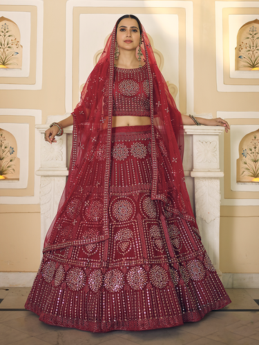 Maroon Soft Net Semi Stitched Lehenga With Unstitched Blouse Clothsvilla