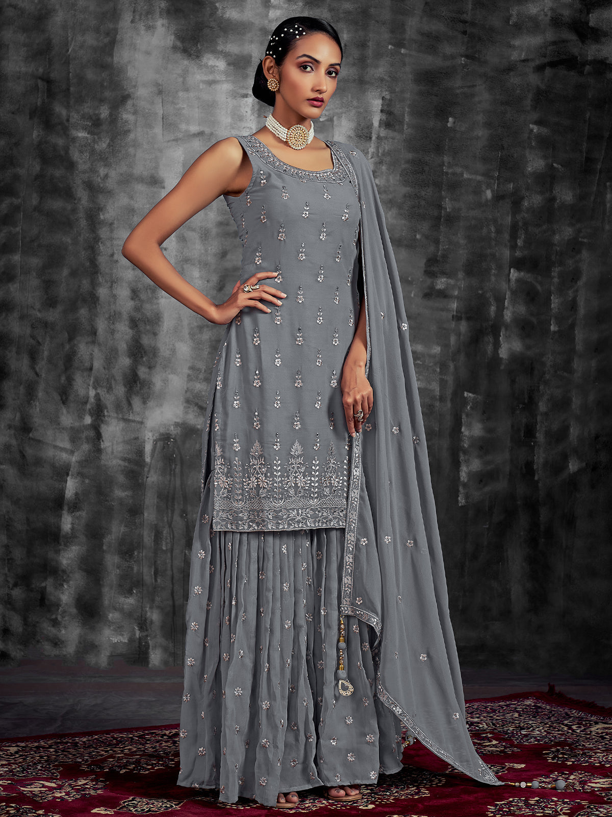 Grey Embroidered Partywear  Stitched Kurtaset Clothsvilla