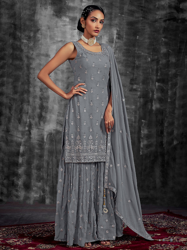 Grey Embroidered Partywear  Stitched Kurtaset Clothsvilla
