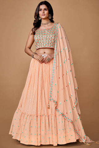 Peach Thread Work Georgette Reception Wear Lehenga Choli Clothsvilla