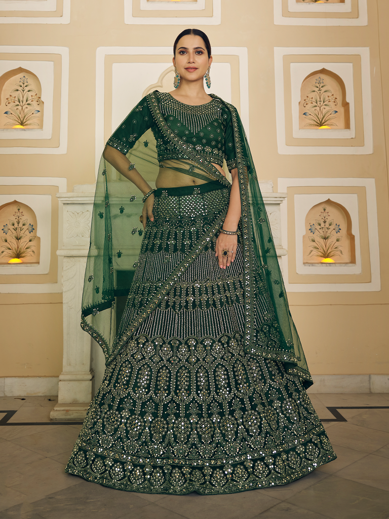 Green Embroidered Soft Net Semi Stitched Lehenga With Unstitched Blouse Clothsvilla