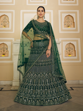 Load image into Gallery viewer, Green Embroidered Soft Net Semi Stitched Lehenga With Unstitched Blouse Clothsvilla