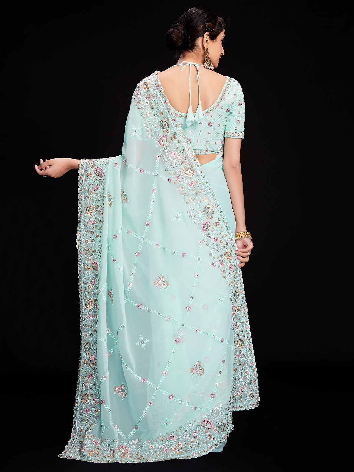 Blue Georgette Embroidered Saree With Unstitched Blouse Clothsvilla