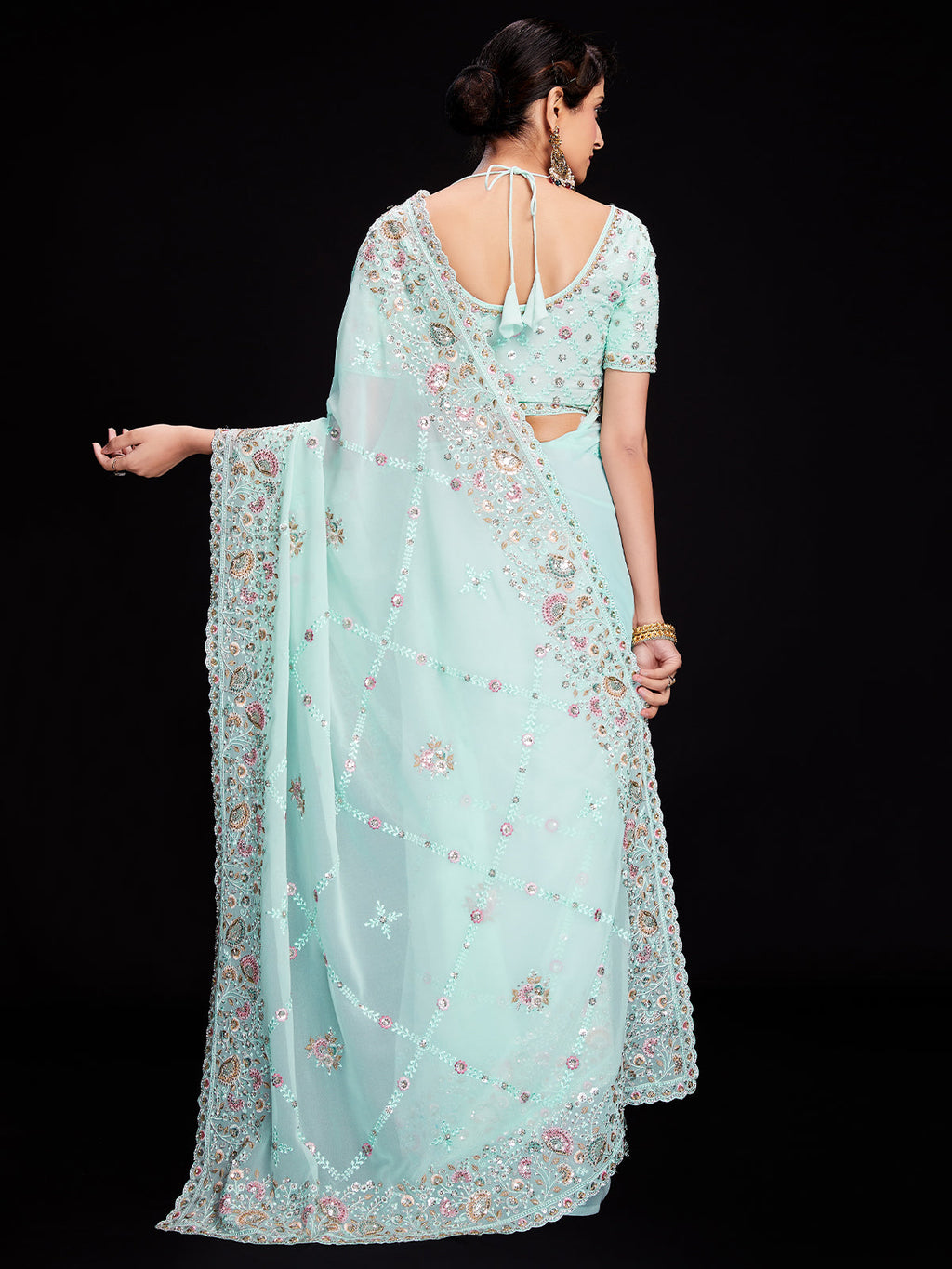 Blue Georgette Embroidered Saree With Unstitched Blouse Clothsvilla