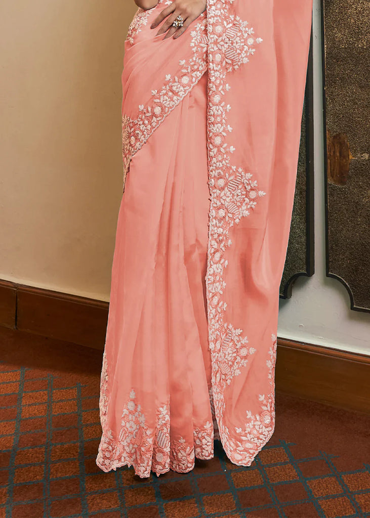 Peach Pink Organza Saree With Sequins, Resham & Cut-Work