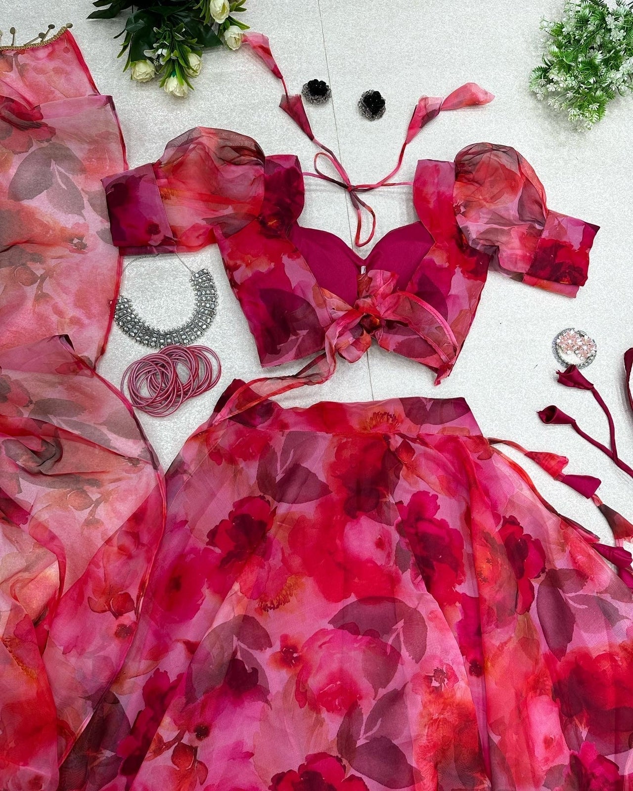 Fashionable Red Color Organza Silk Lehenga Choli