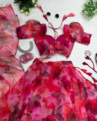 Fashionable Red Color Organza Silk Lehenga Choli