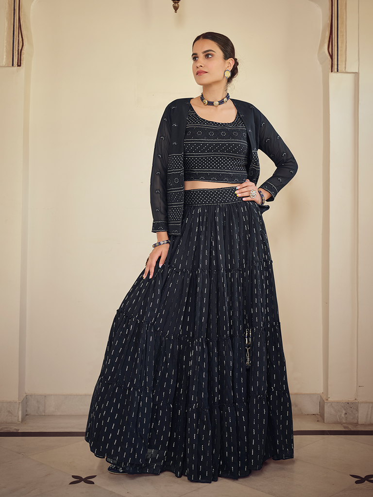 Dark Blue Embroidered Georgette Semi Stitched Lehenga With Unstitched Blouse Clothsvilla