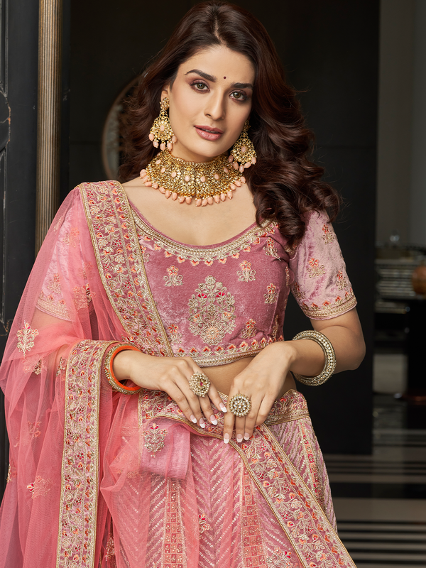 Lilac Velvet Semi Stitched Lehenga With Unstitched Blouse Clothsvilla