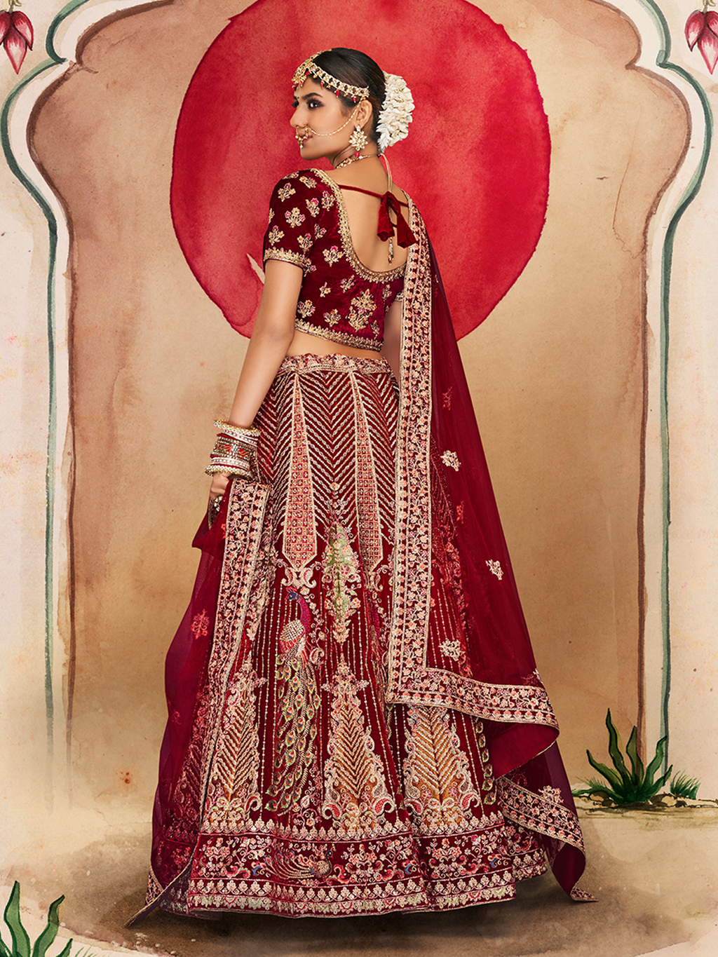 Maroon Velvet Semi Stitched Lehenga With Unstitched Blouse Clothsvilla