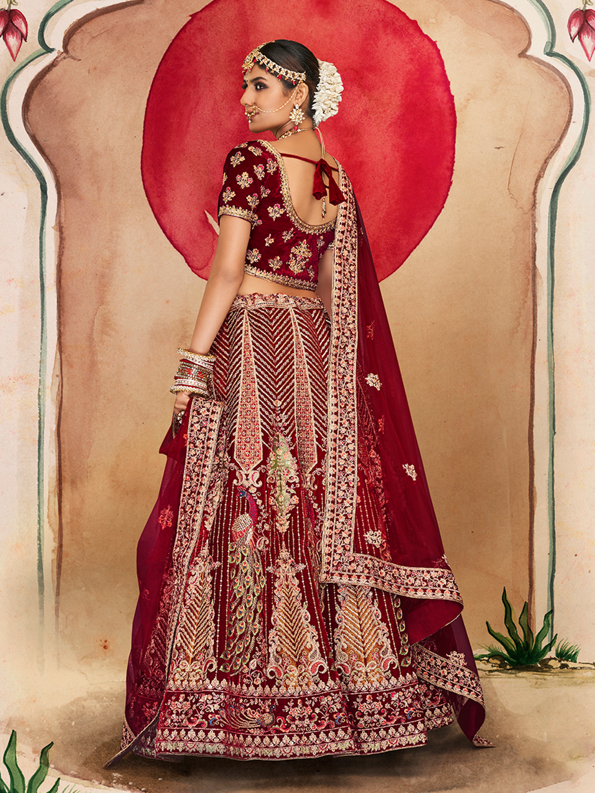 Maroon Velvet Semi Stitched Lehenga With Unstitched Blouse Clothsvilla