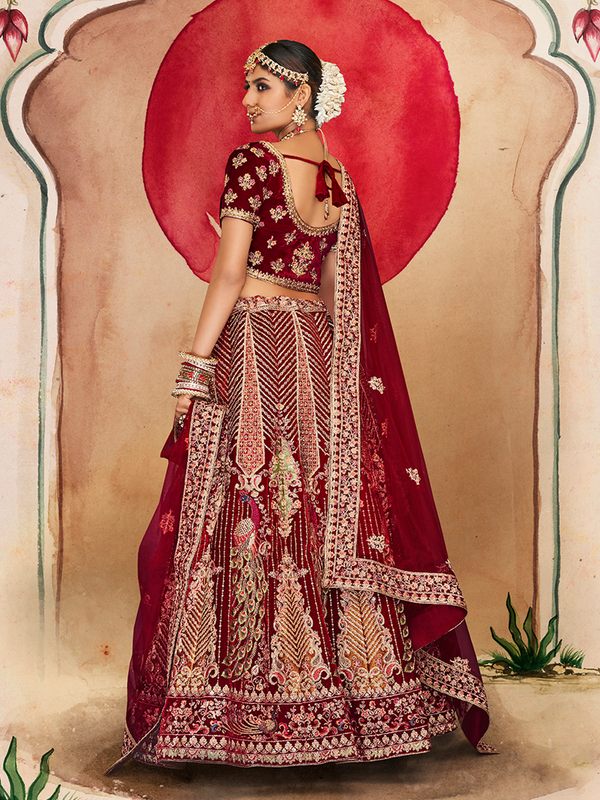 Maroon Velvet Semi Stitched Lehenga With Unstitched Blouse Clothsvilla
