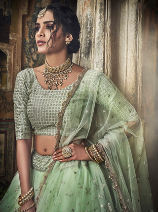 Sea Green Sequins, Zari Semi Stitched Lehenga With Unstitched Blouse Clothsvilla