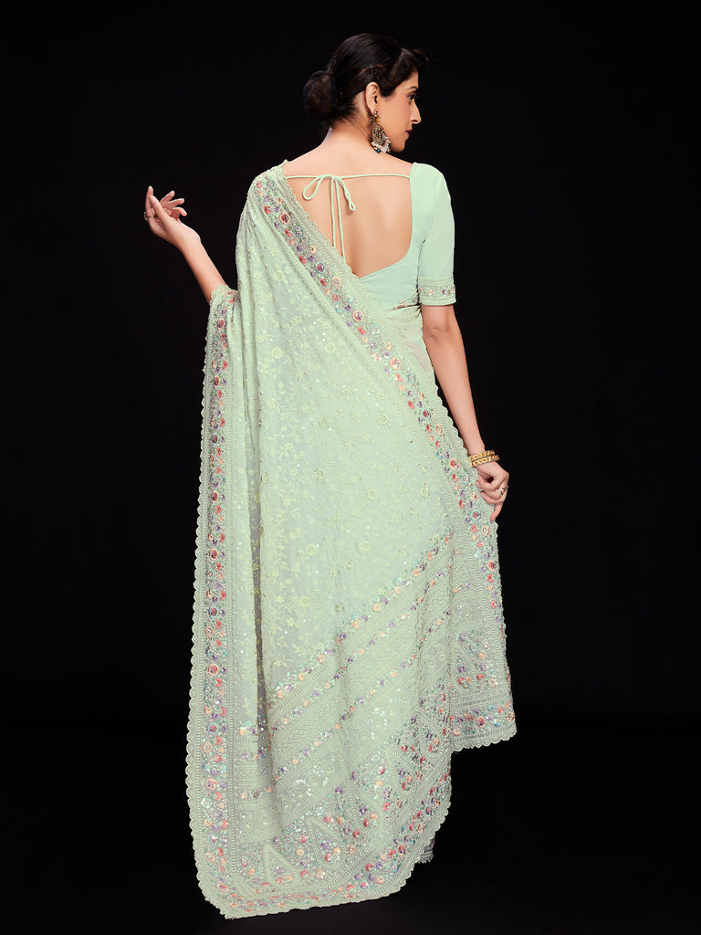 Sea Green Georgette Embroidered Saree With Unstitched Blouse Clothsvilla