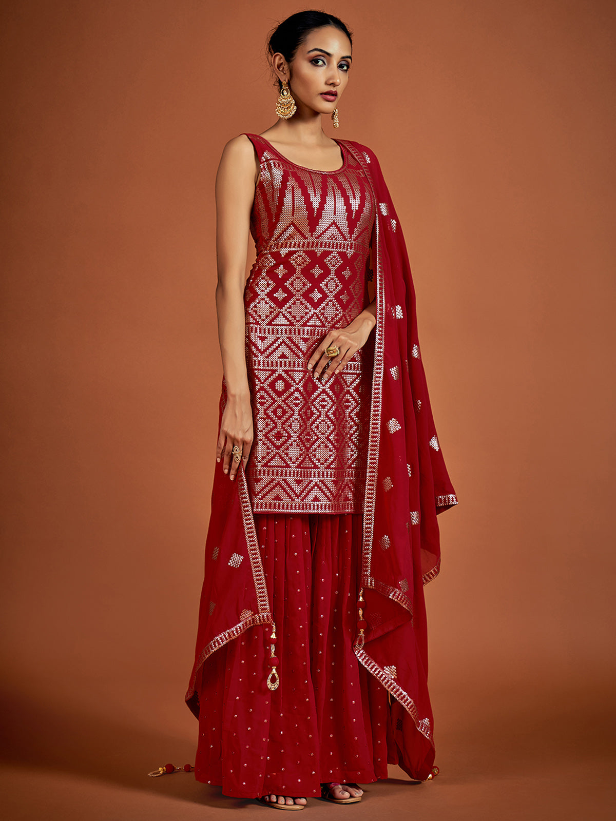 Beautiful Red Embroidered Georgette Partywear Stitched Kurta Set Clothsvilla
