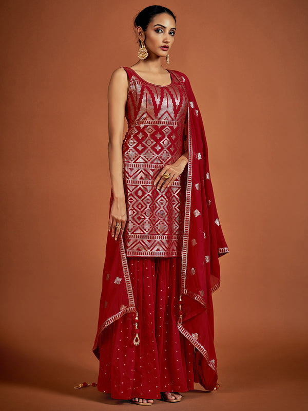 Beautiful Red Embroidered Georgette Partywear Stitched Kurta Set Clothsvilla