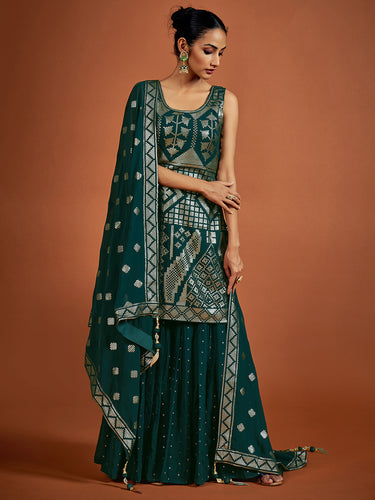 Teal Embroidered Georgette Partywear Stitched Kurta Set Clothsvilla