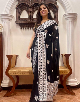 Black Georgette Saree with Beautiful Lucknowi Work and Silk Blouse for Wedding ClothsVilla