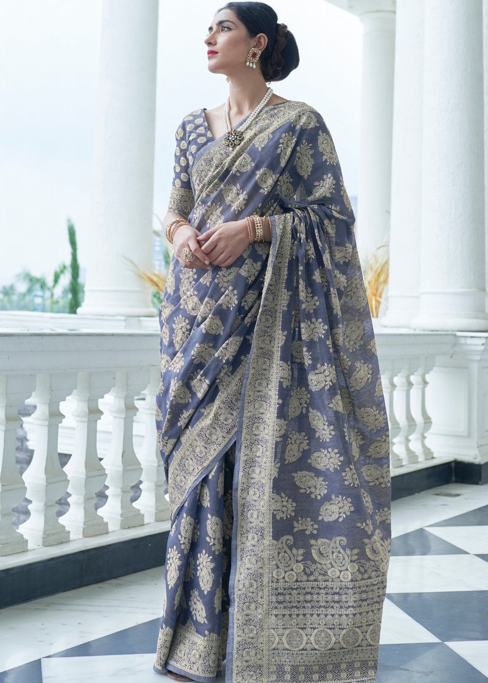 Ocean Blue Lucknowi Chikankari Weaving Silk Saree Clothsvilla Main image