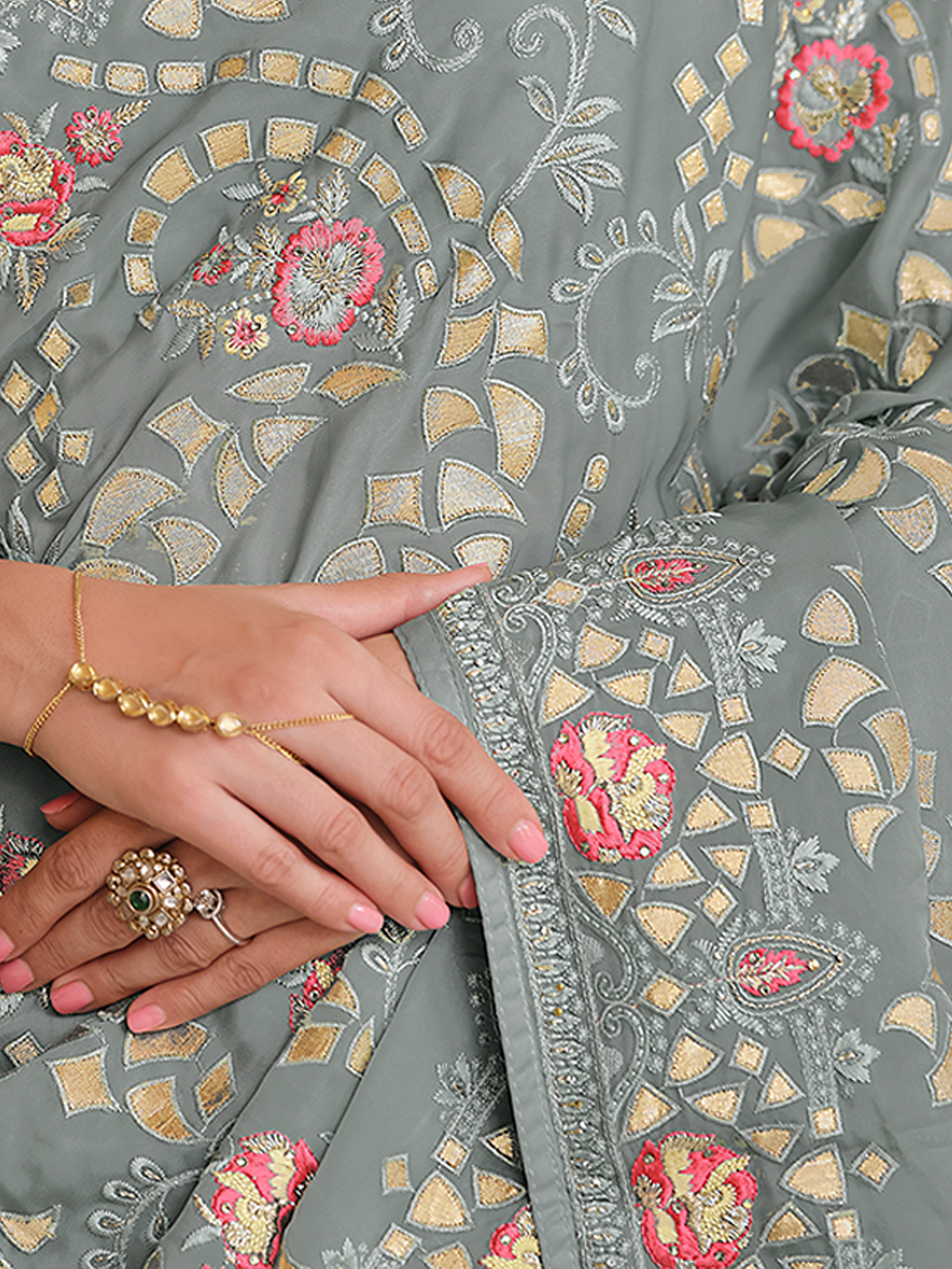 Grey Satin Georgette Saree With Unstitched Blouse Clothsvilla