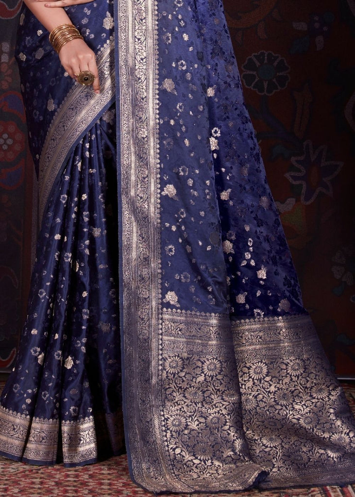 Oxford Blue Zari Woven Satin Silk Saree Clothsvilla