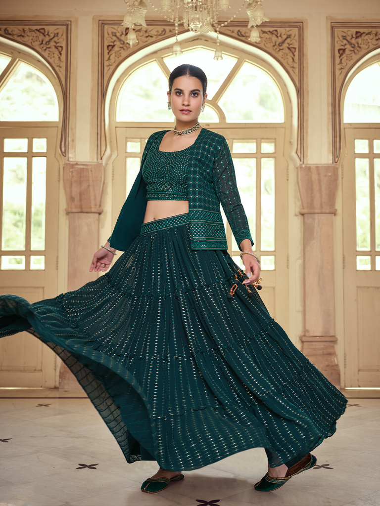 Dark Green Embroidered Georgette Semi Stitched Lehenga With Unstitched Blouse Clothsvilla