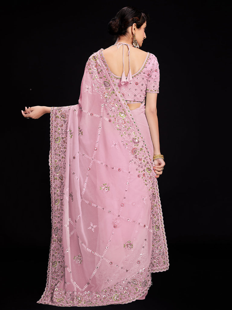 Pink Georgette Embroidered Saree With Unstitched Blouse Clothsvilla