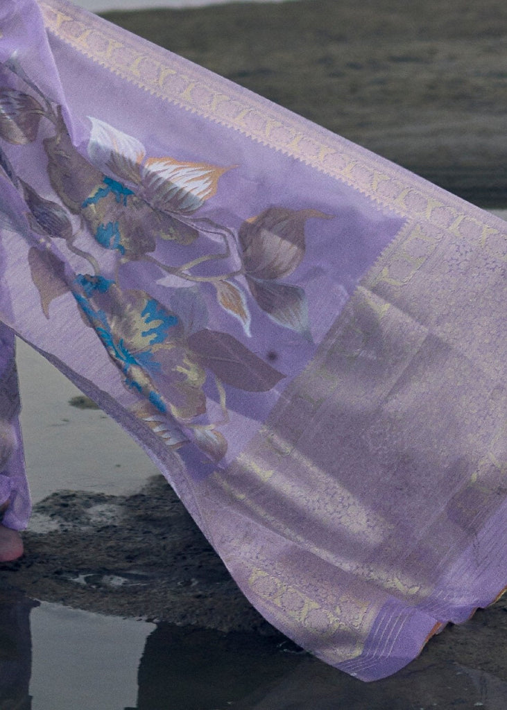 Lavender Woven Linen Silk Saree with Floral Motif on Pallu and Border Clothsvilla
