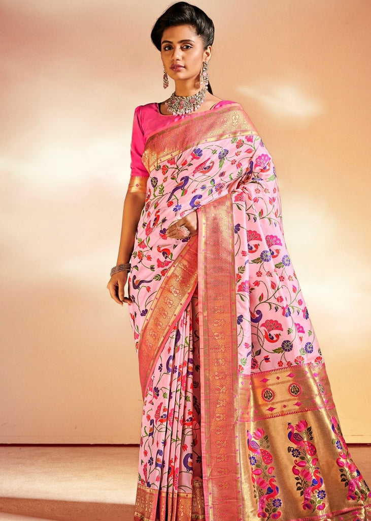 Taffy Pink Woven Banarasi Paithani Silk Saree Clothsvilla