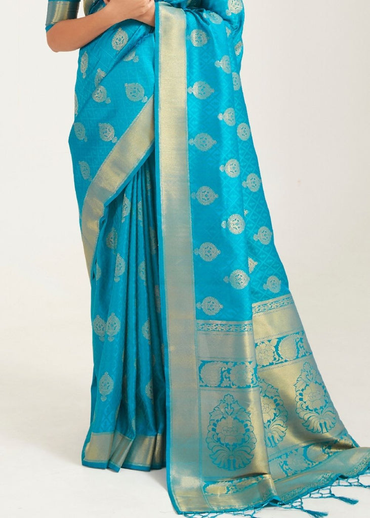 Olympic Blue Zari Butta Woven Banasari Silk Saree Clothsvilla