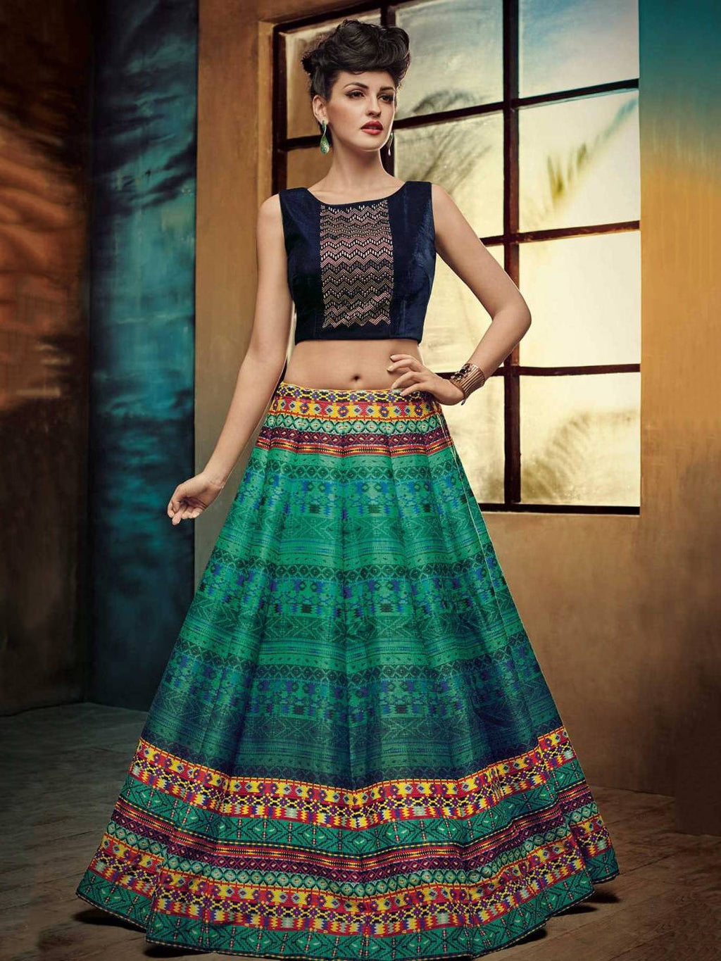 Green and Blue Designer Partywear Lehenga Choli ClothsVilla