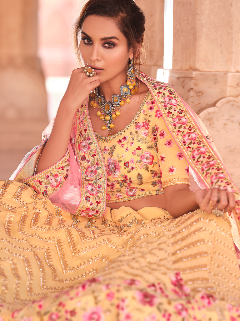 Yellow Embroidered Georgette Semi Stitched Lehenga With Unstitched Blouse Clothsvilla