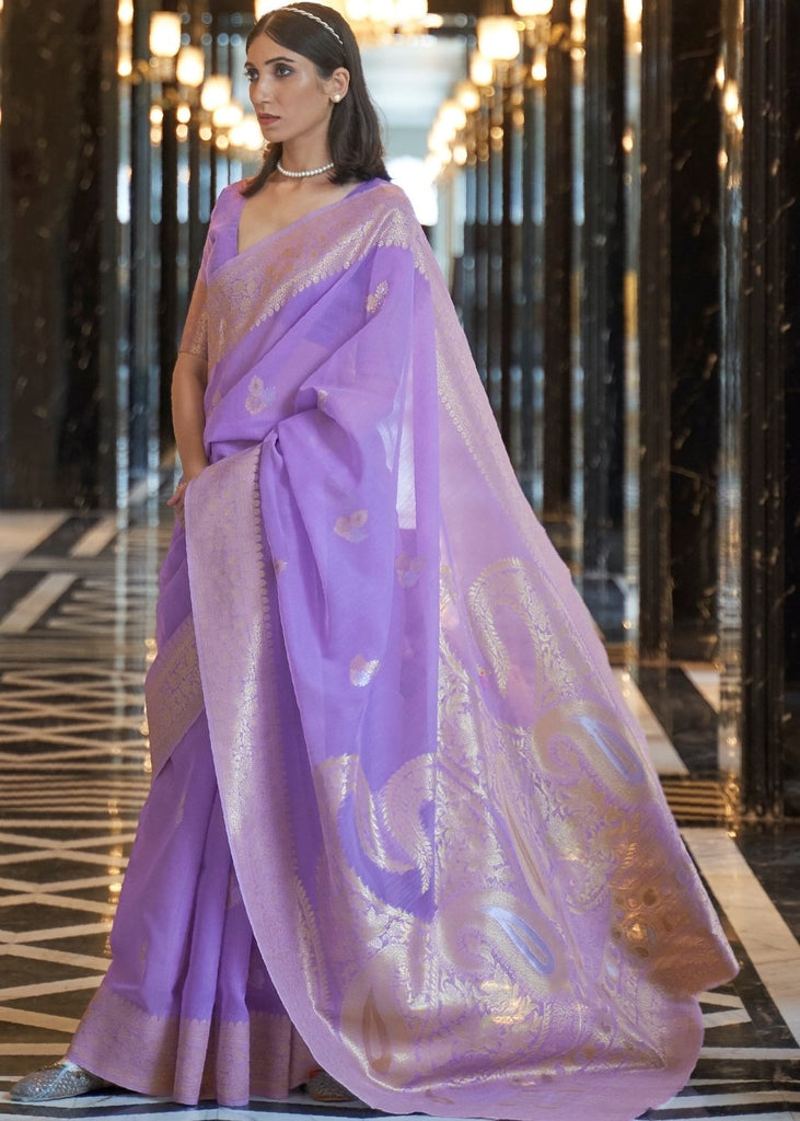 Amethyst Purple Zari Woven Linen Silk Saree Clothsvilla