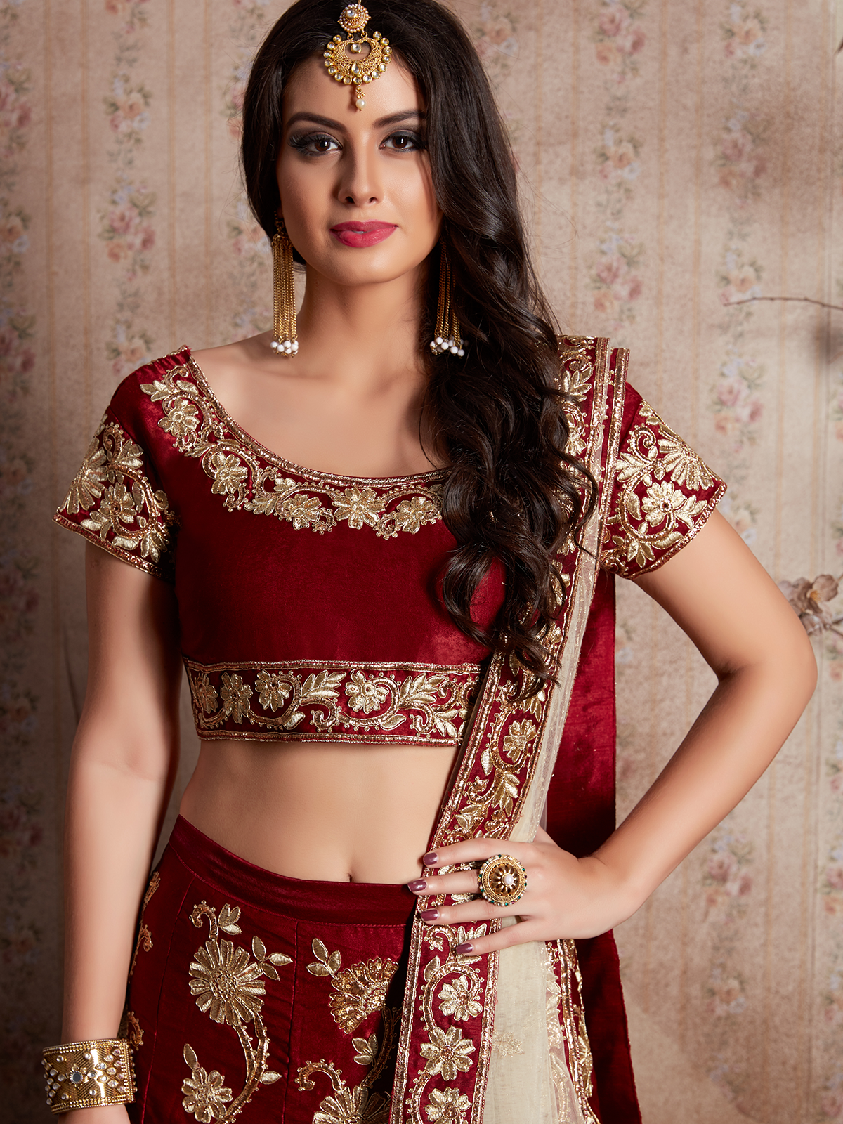 Maroon Embroidered Semi Stitched Lehenga With Unstitched Blouse Clothsvilla