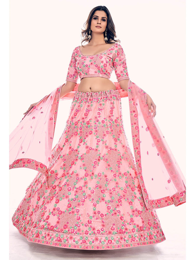 Peach Soft Net Embroidered Designer Lehenga Choli Clothsvilla