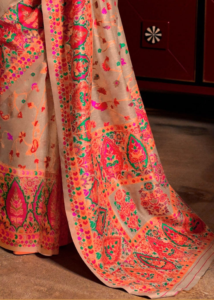 Linen Beige Banarasi Jamawar Woven Silk Saree : Top Pick Clothsvilla