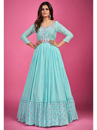 Blue Chinon Silk Embroidered Gown Clothsvilla