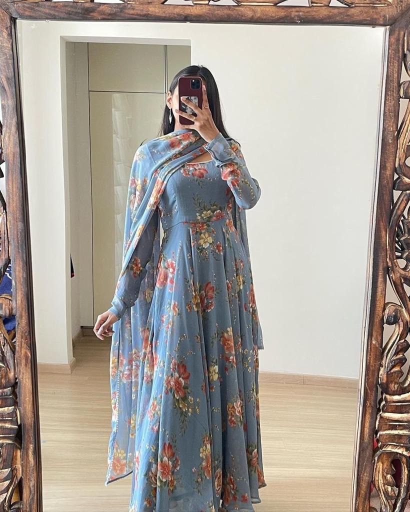 Floral Printed Sky Blue Color Designer Gown Clothsvilla