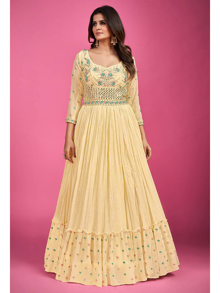 Yellow Pure Georgette Embroidered Gown Clothsvilla