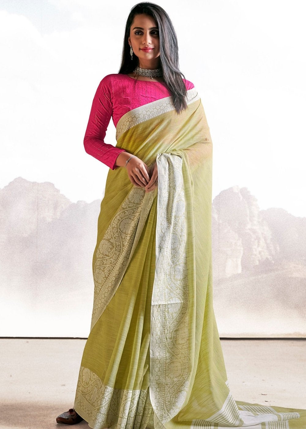 Sage Green Soft Linen Silk Saree with Lucknowi work and Sequence Blouse Clothsvilla