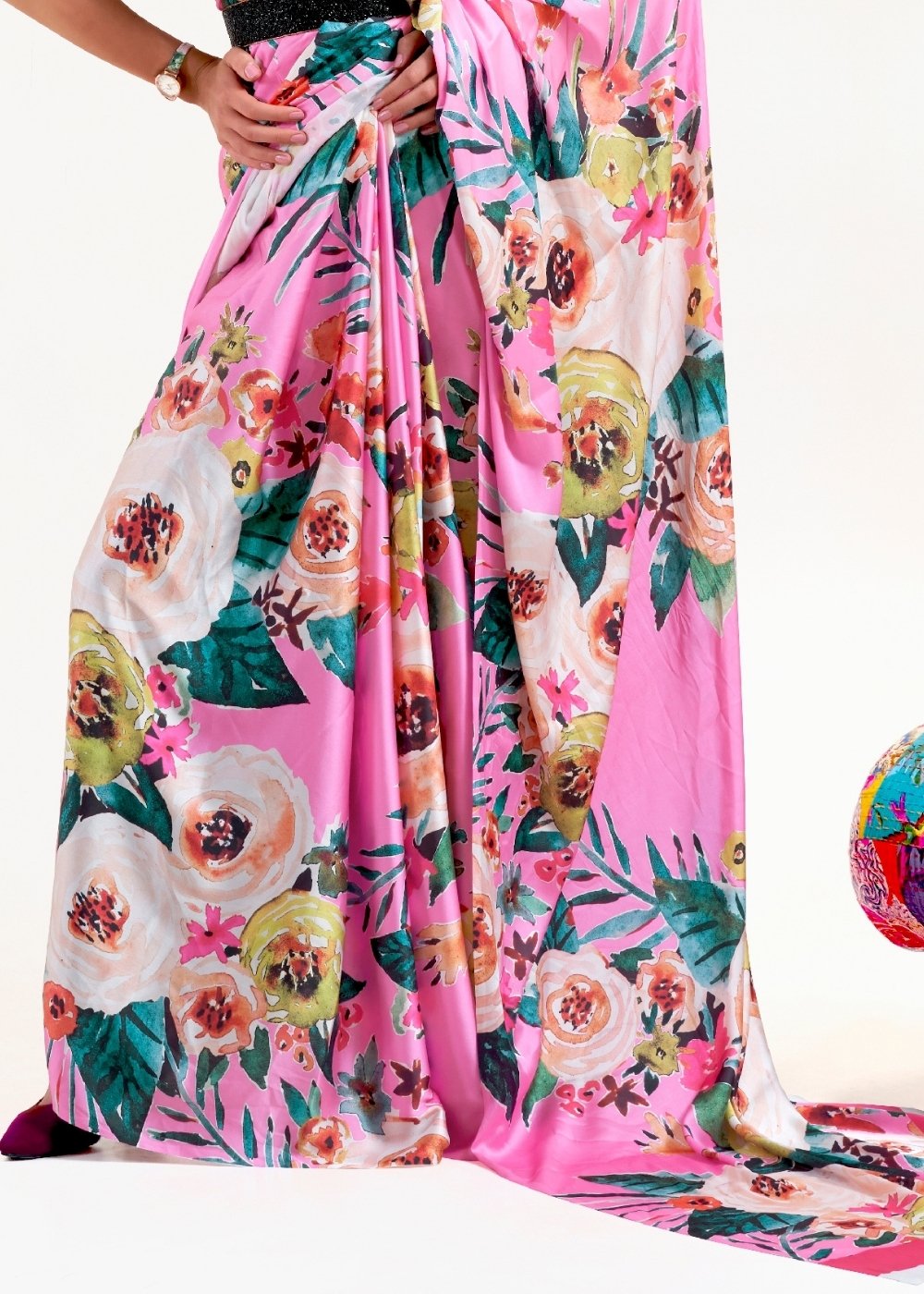 Creamy Pink Digital Printed Satin Crepe Saree Clothsvilla